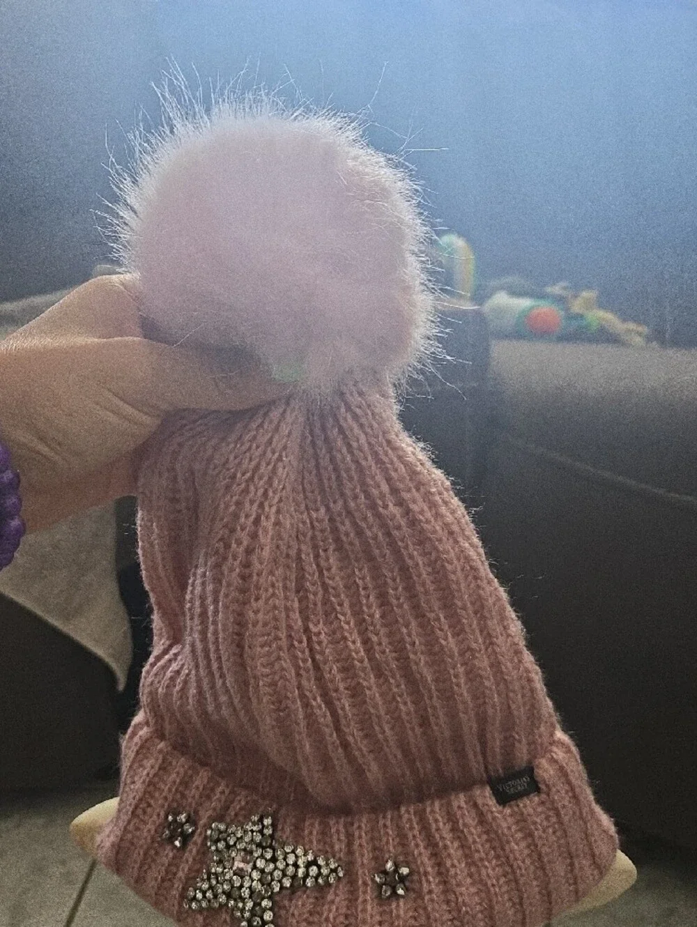 Victoria's Secret Kids Pink Ribbed Beanie with Rhinestone Star Accents